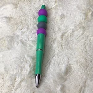 Handcrafted beaded pen. Green/purple/gray. Made with bpa free silicone